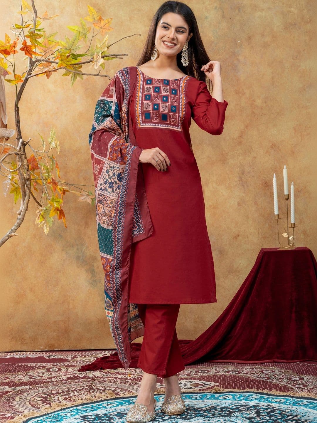 SAINOOR Women Ethnic Motifs Embroidered Regular Thread Work Pure Cotton Kurta with Trousers & With Dupatta thumbnail 7