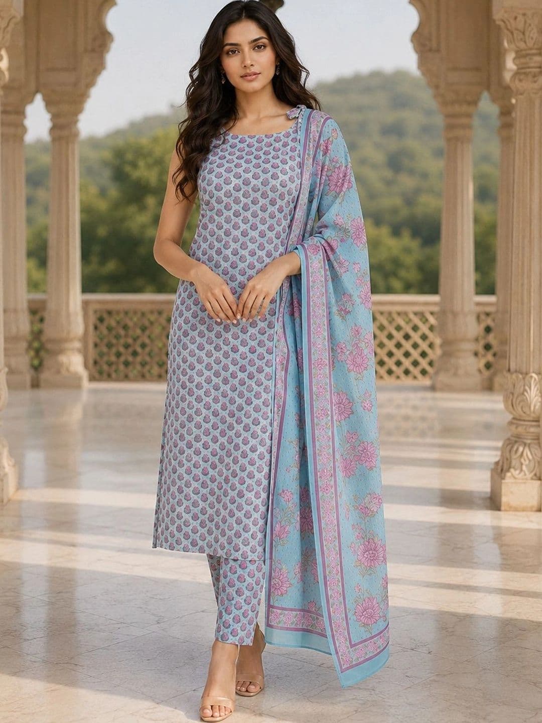 Bunai Women Ethnic Motifs Printed Regular Kurta with Trousers & With Dupatta thumbnail 3