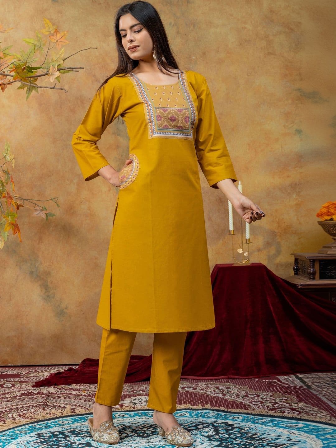 SAINOOR Women Ethnic Motifs Embroidered Regular Thread Work Pure Cotton Kurta with Trousers & With Dupatta thumbnail 3