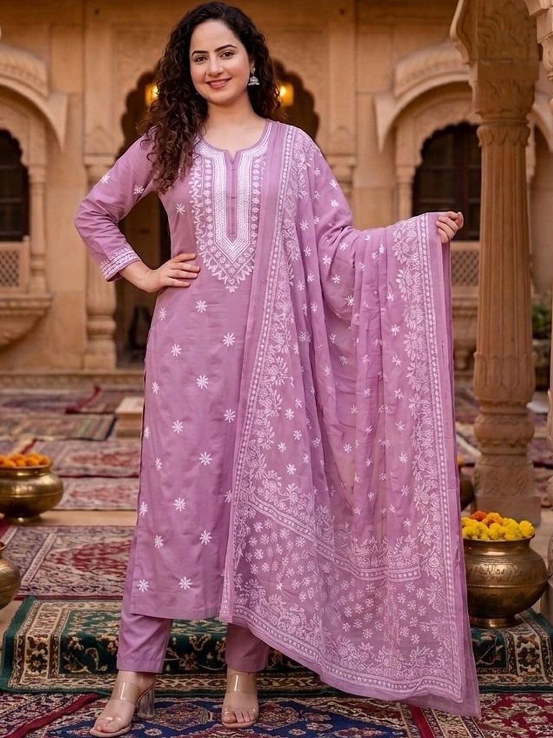 RADHEY KRISHNA CREATION Women Ethnic Motifs Embroidered Regular Chikankari Kurta with Trousers & With Dupatta thumbnail 3