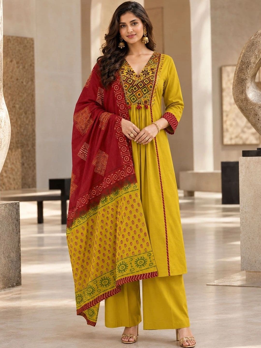 BANSARI COLLECTION Women Ethnic Motifs Embroidered Empire Mirror Work Pure Cotton Kurta with Palazzos & With - view 1