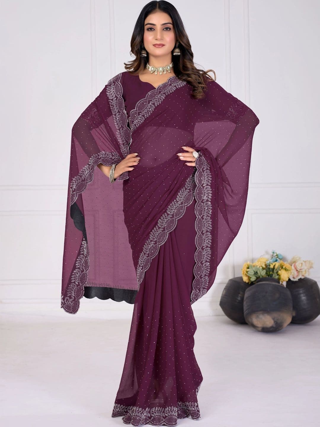RENBRIZA Embellished Poly Georgette Saree - view 1