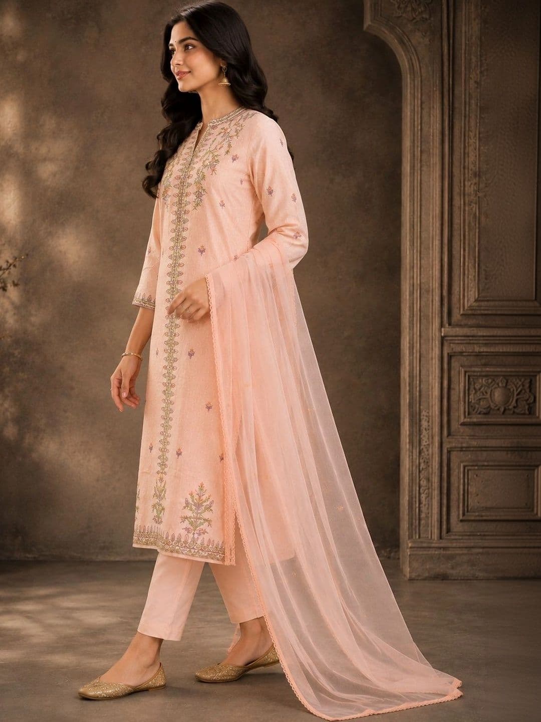 Anouk Women Ethnic Motifs Embroidered Regular Thread Work Pure Cotton Kurta with Trousers & With Dupatta thumbnail 3