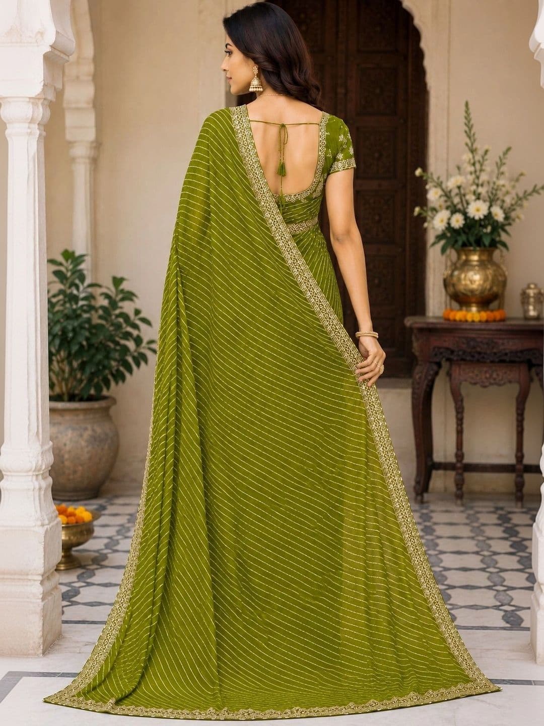 RENBRIZA Leheriya Embroidered Poly Georgette Saree thumbnail 5