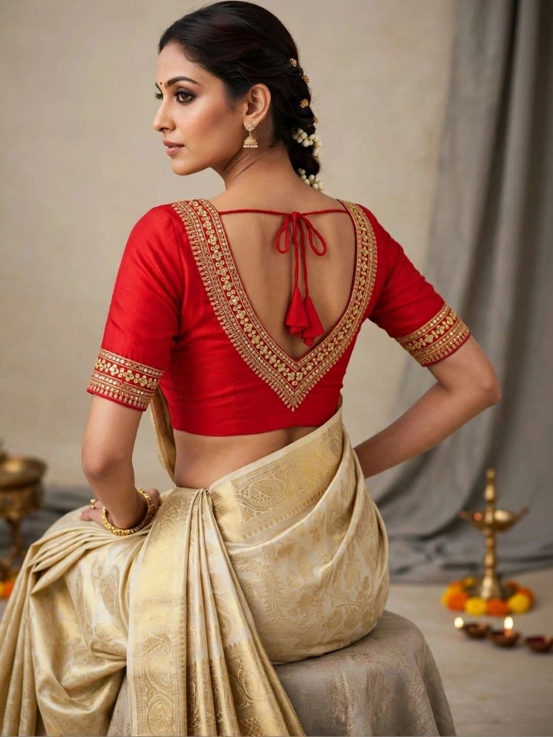 Binatex Cotton Embroidered Zari Saree Blouse - view 1