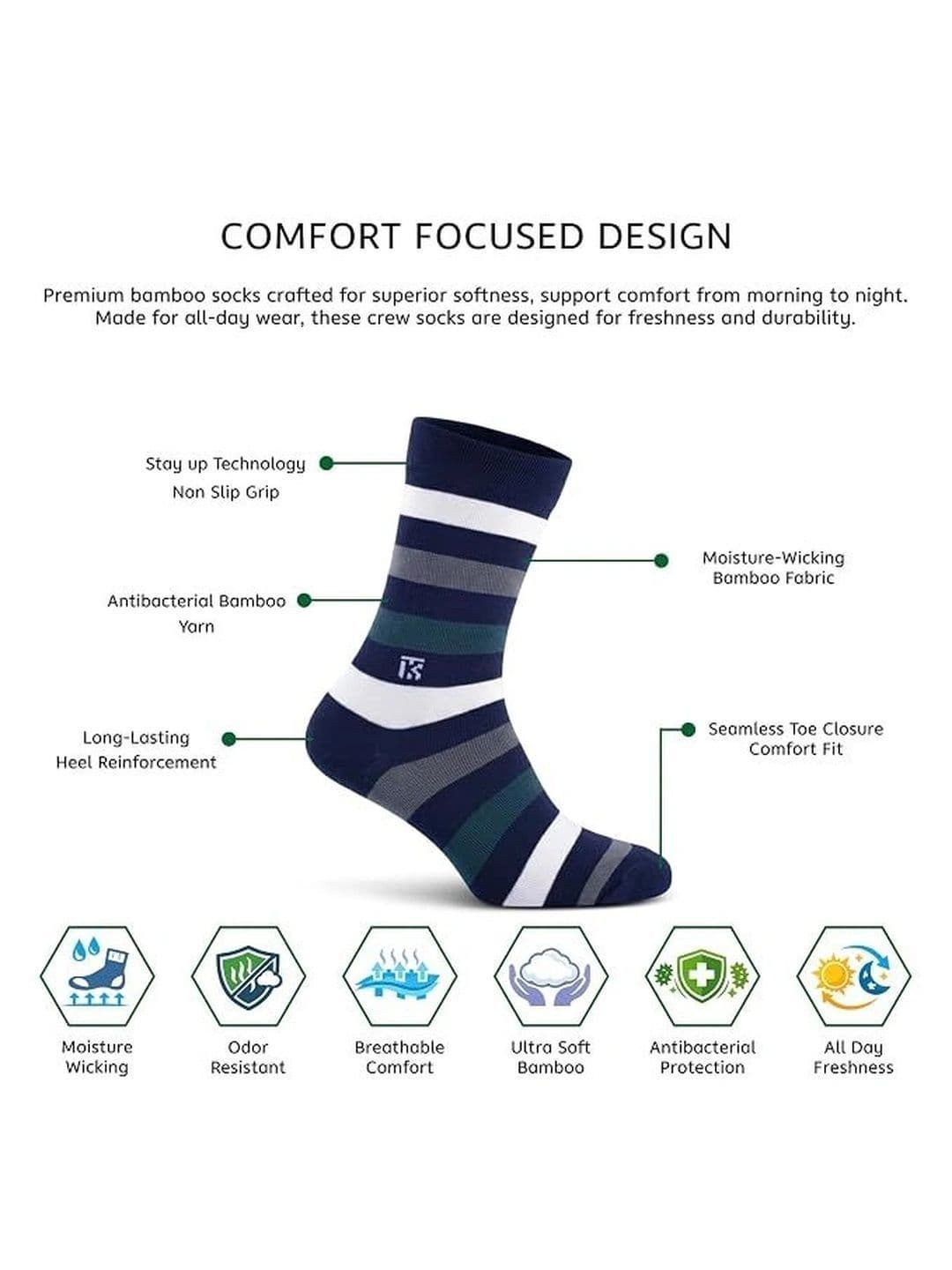 Kikitoes Men Pack of 2 Bamboo Crew Socks Striped Ribbed Soft Breathable thumbnail 4