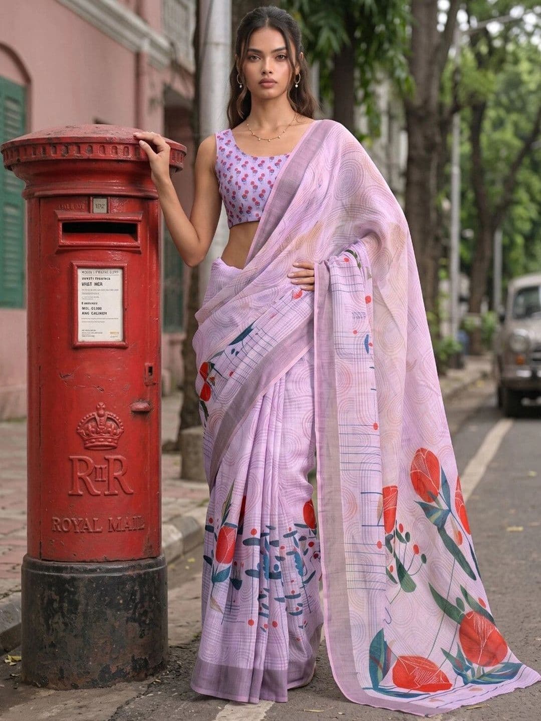 Saara  Printed Dusty Mauve Linen Ready to wear saree for Women With Unstiched Blouse - view 1