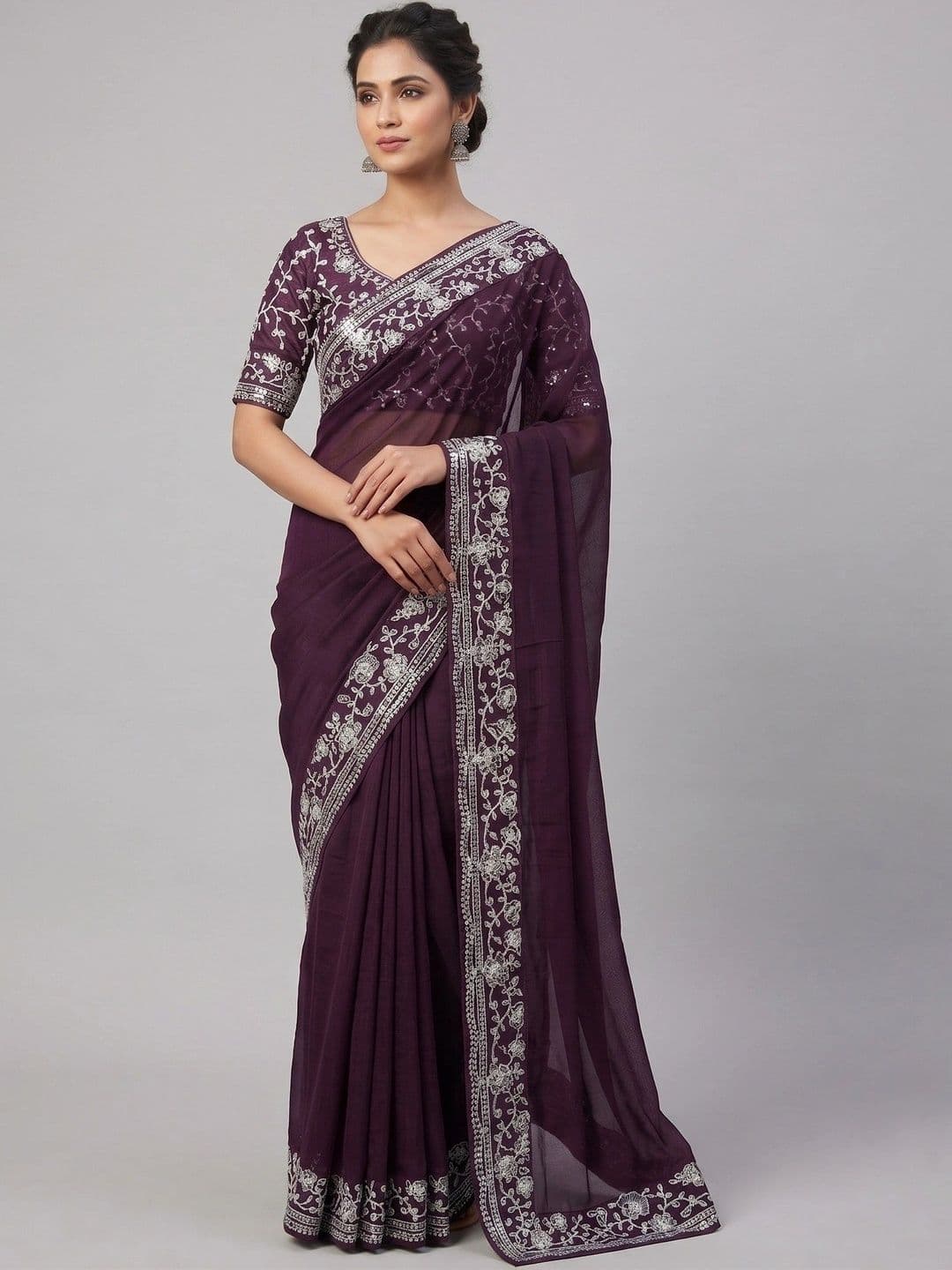 RENBRIZA Floral Embroidered Poly Georgette Saree thumbnail 3