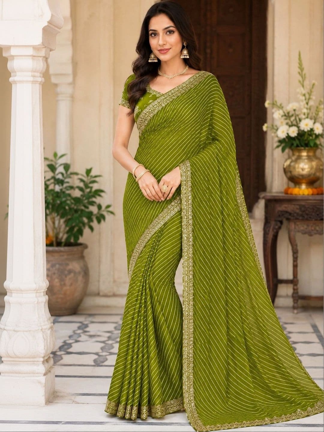 RENBRIZA Leheriya Embroidered Poly Georgette Saree - view 1