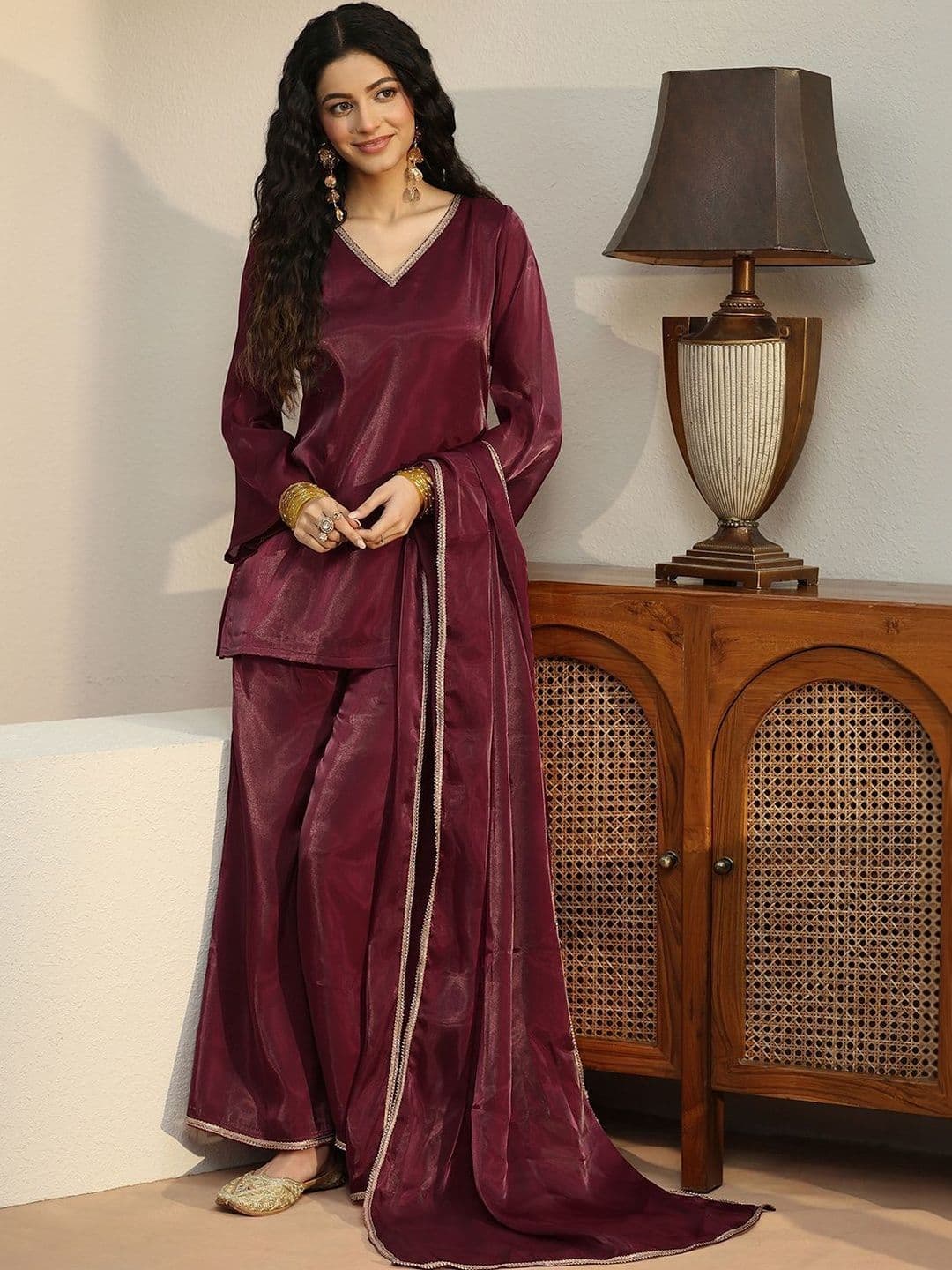 Gerua By Libas Libas Maroon Solid Tissue Palazzo Suit Set thumbnail 3