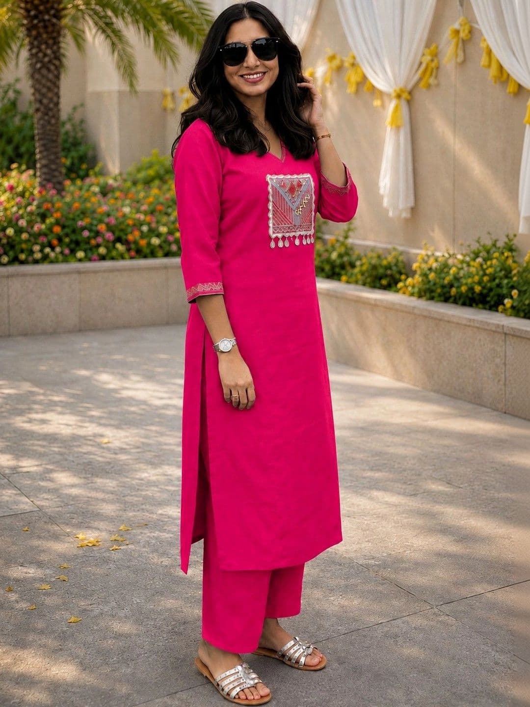 Moda Rapido Women Ethnic Motifs Embroidered Regular Thread Work Pure Cotton Kurta with Palazzos - view 1