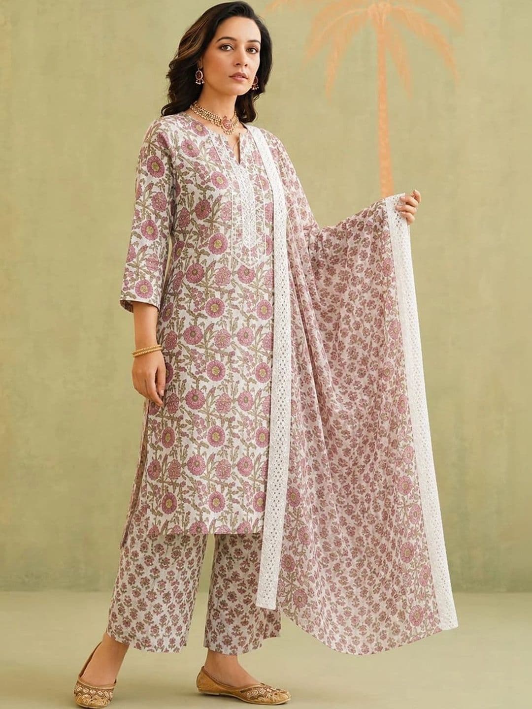 Varanga Women Floral Printed Regular Pure Cotton Kurta with Trousers & With Dupatta - view 1