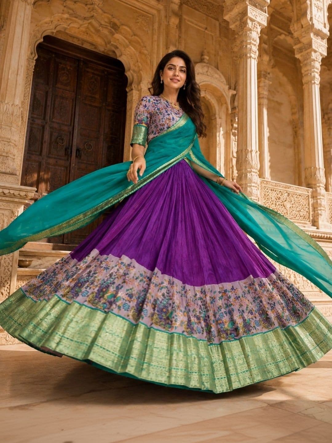 KALINI Printed Ready to Wear Lehenga & Unstitched Blouse With Dupatta thumbnail 3