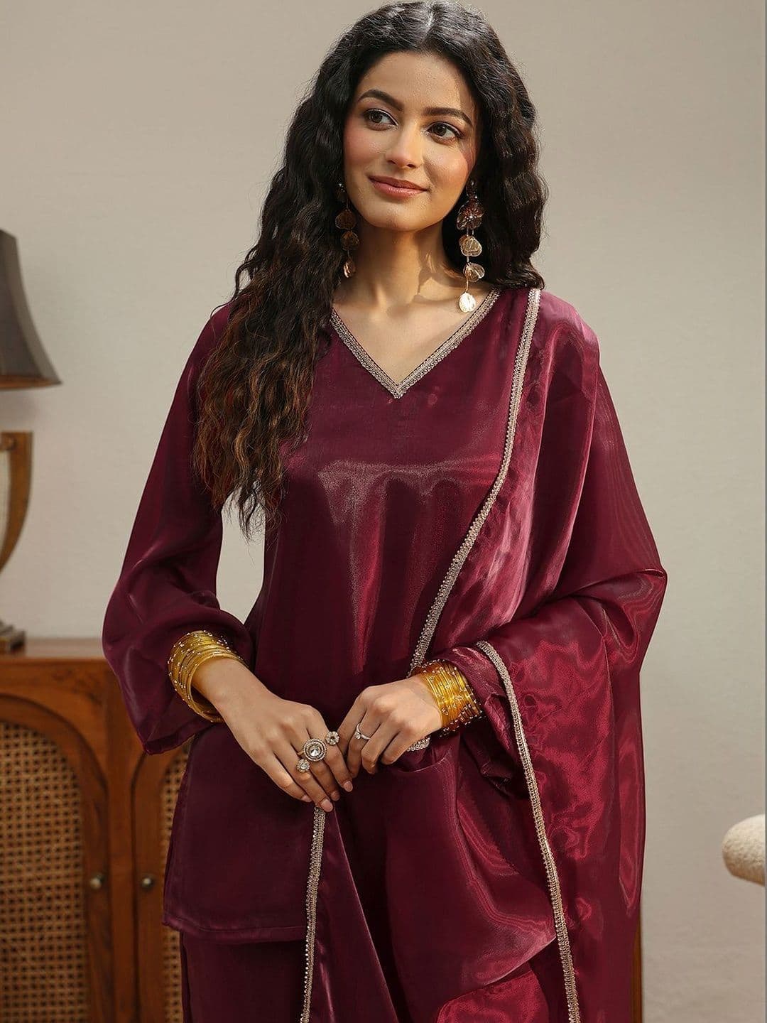 Gerua By Libas Libas Maroon Solid Tissue Palazzo Suit Set thumbnail 4