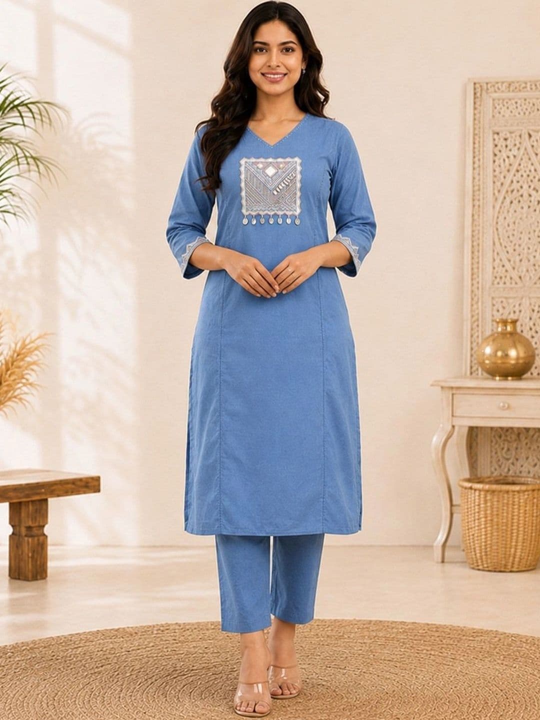 DIVASTRI Women Ethnic Motifs Embroidered Regular Mirror Work Pure Cotton Kurta with Trousers - view 1