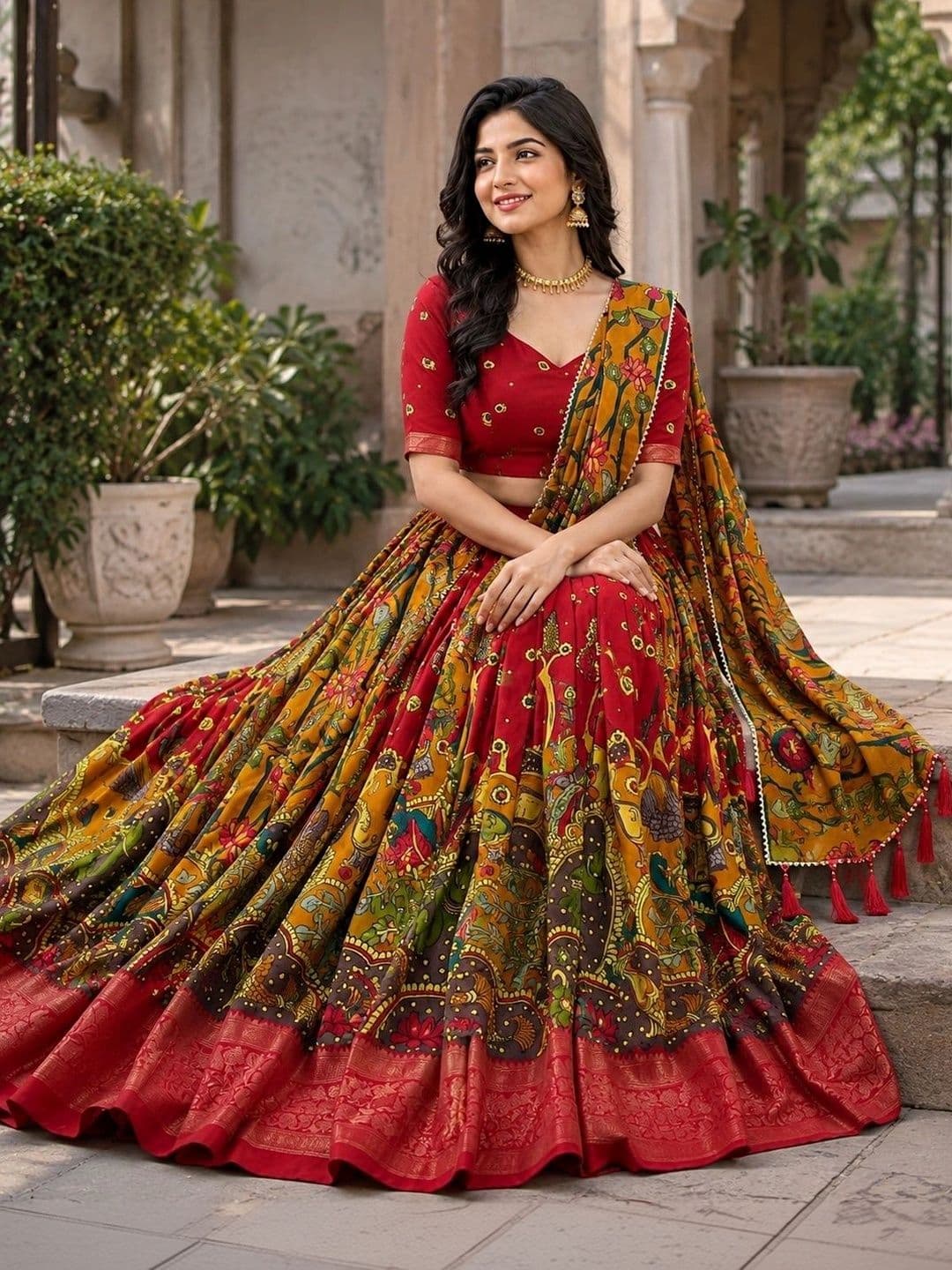 KALINI Embroidered Kalamkari Ready to Wear Lehenga & Unstitched Blouse With Dupatta thumbnail 3