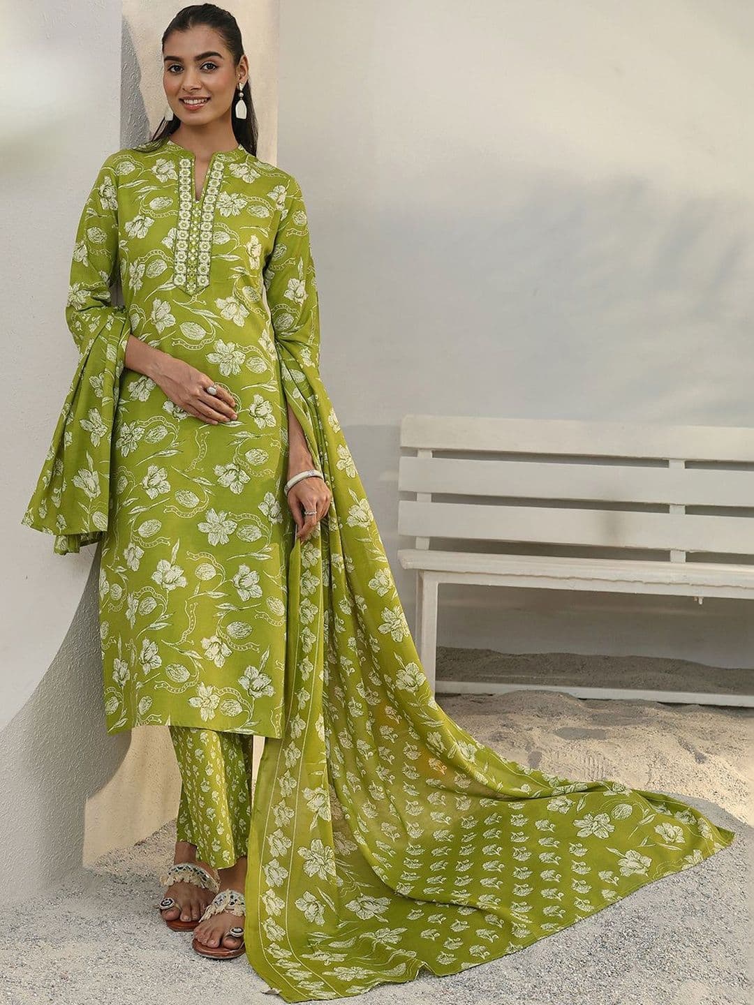 Gerua By Libas Libas Green Floral Printed Cotton Blend Straight Suit Set With Dupatta - view 1