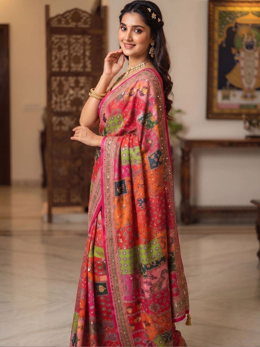 VILLE FASHION Paisley Mirror Work Art Silk Designer Saree thumbnail 5
