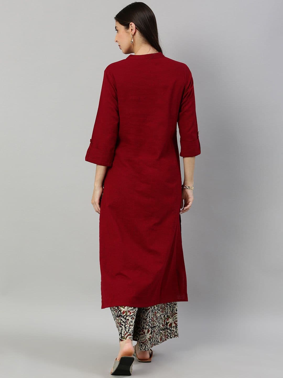 KALINI Mandarin Collar Roll-Up Sleeves Pure Cotton Straight Kurta With Printed Palazzo thumbnail 3