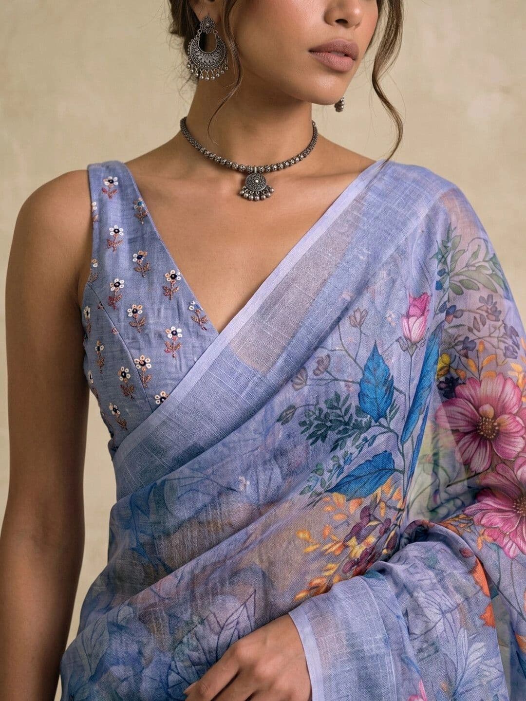 Saara  Printed Light Blue Linen Ready to wear saree for Women With Unstiched Blouse thumbnail 4