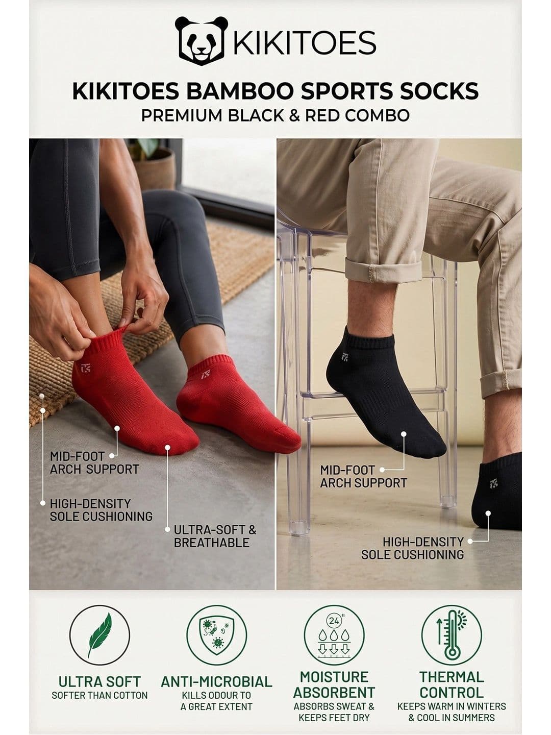 Kikitoes Men Pack of 2 Bamboo Assorted Solid Ankle Socks Soft Breathable Cushioned thumbnail 3