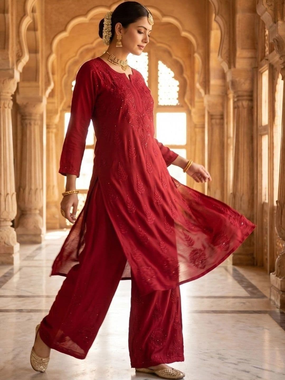 Meiraas Studios Women Ethnic Motifs Embroidered Regular Thread Work Kurta with Palazzos thumbnail 4