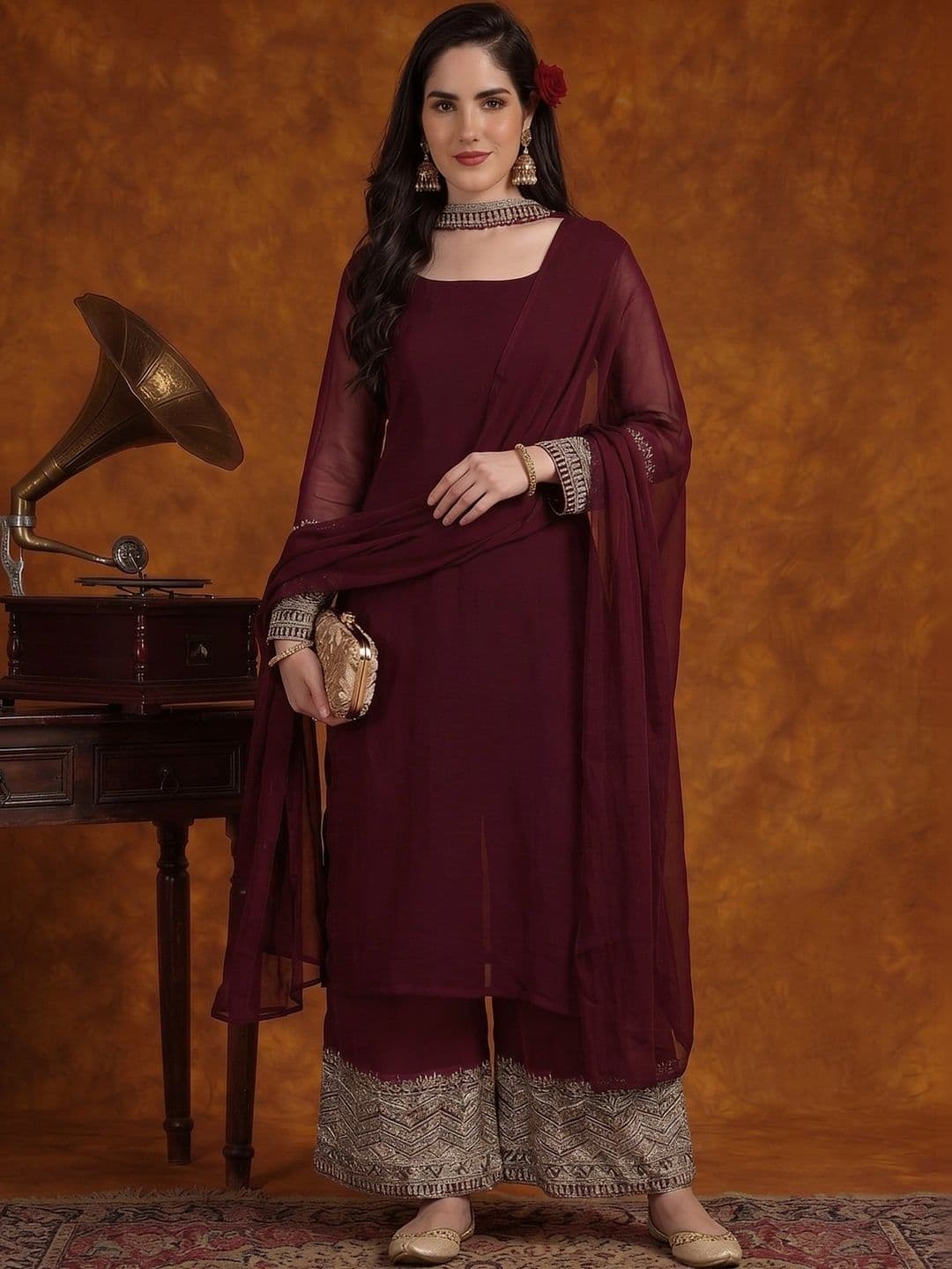 Utsavya Women Ethnic Motifs Embroidered Regular Kurta with Palazzos & With Dupatta thumbnail 2