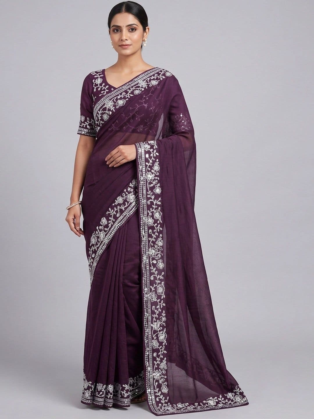 RENBRIZA Floral Embroidered Poly Georgette Saree - view 1