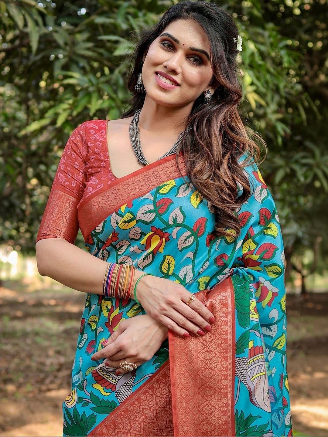 Satrani Kalamkari Zari Silk Blend Designer Saree thumbnail 3