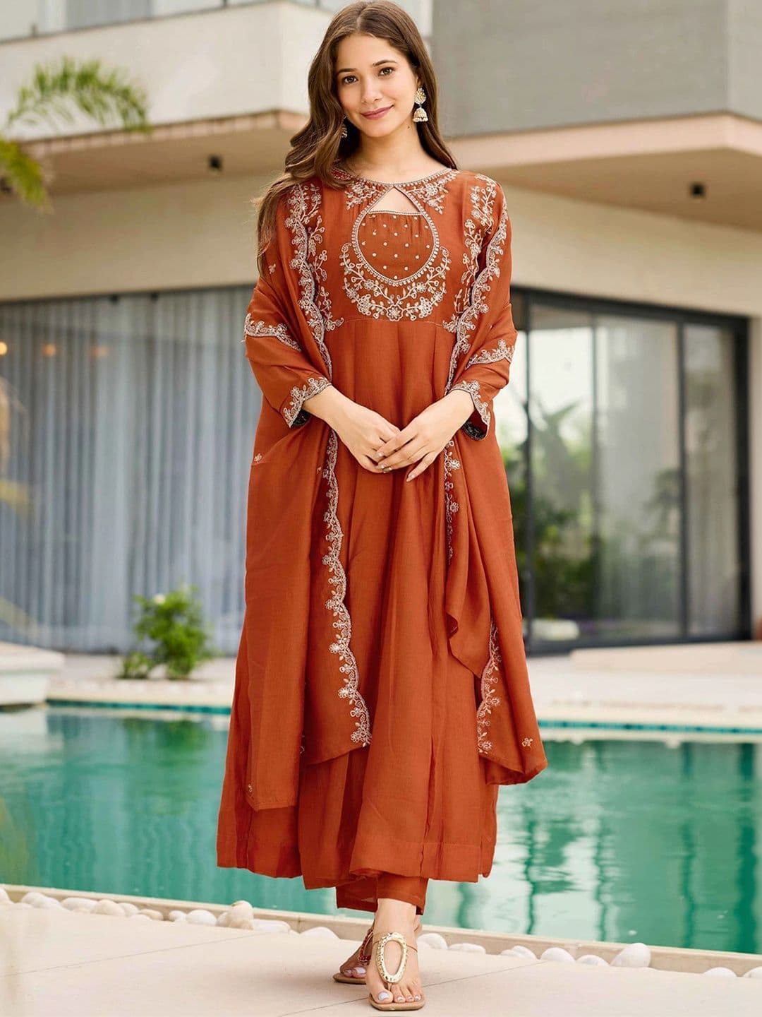 KALINI Women Embroidered Panelled Thread Work Kurta with Trousers & With Dupatta thumbnail 2
