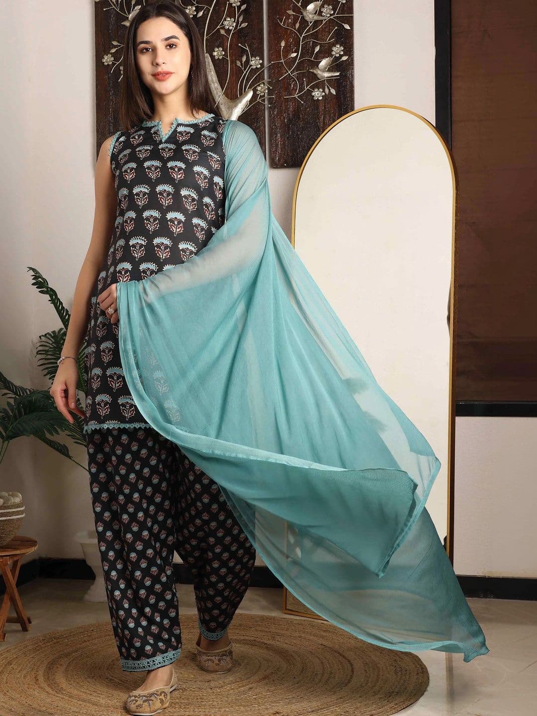 TextileNow Women Ethnic Motifs Printed Regular Pure Cotton Kurta with Trousers & With Dupatta - view 1