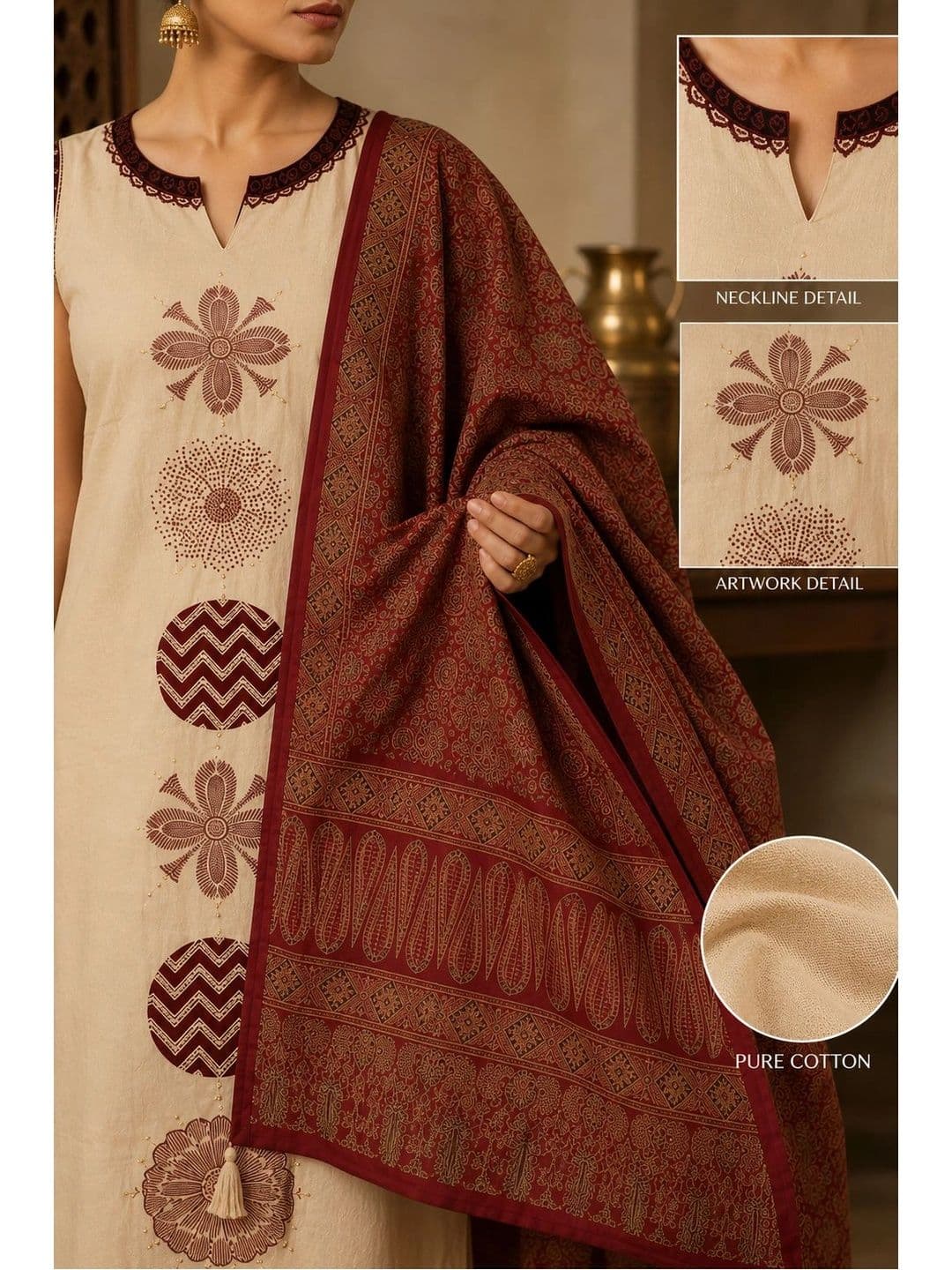 BANSARI COLLECTION Women Ethnic Motifs Printed Regular Pure Cotton Kurta with Palazzos & With Dupatta thumbnail 2