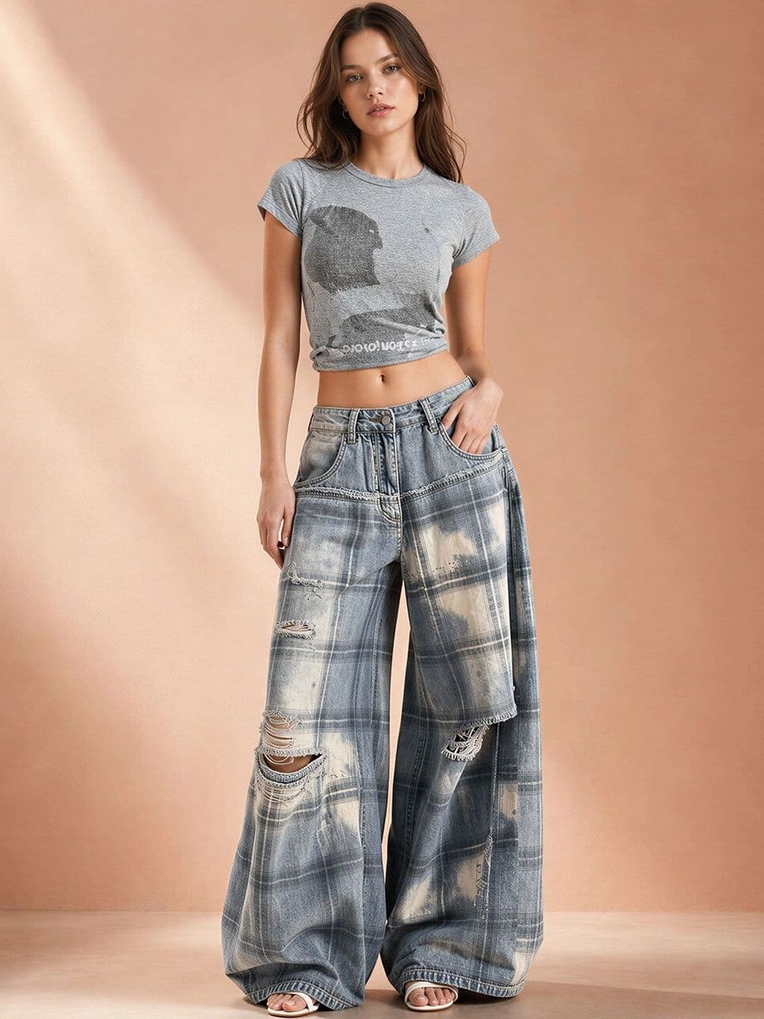 ATELIER REBEL Women Wide Leg Mid-Rise Highly Distressed Light Fade Bleached Jeans thumbnail 5