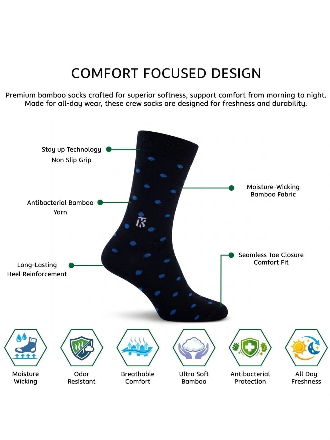 Kikitoes Men Pack of 2 Bamboo Crew Socks Striped Polka Soft Breathable thumbnail 5