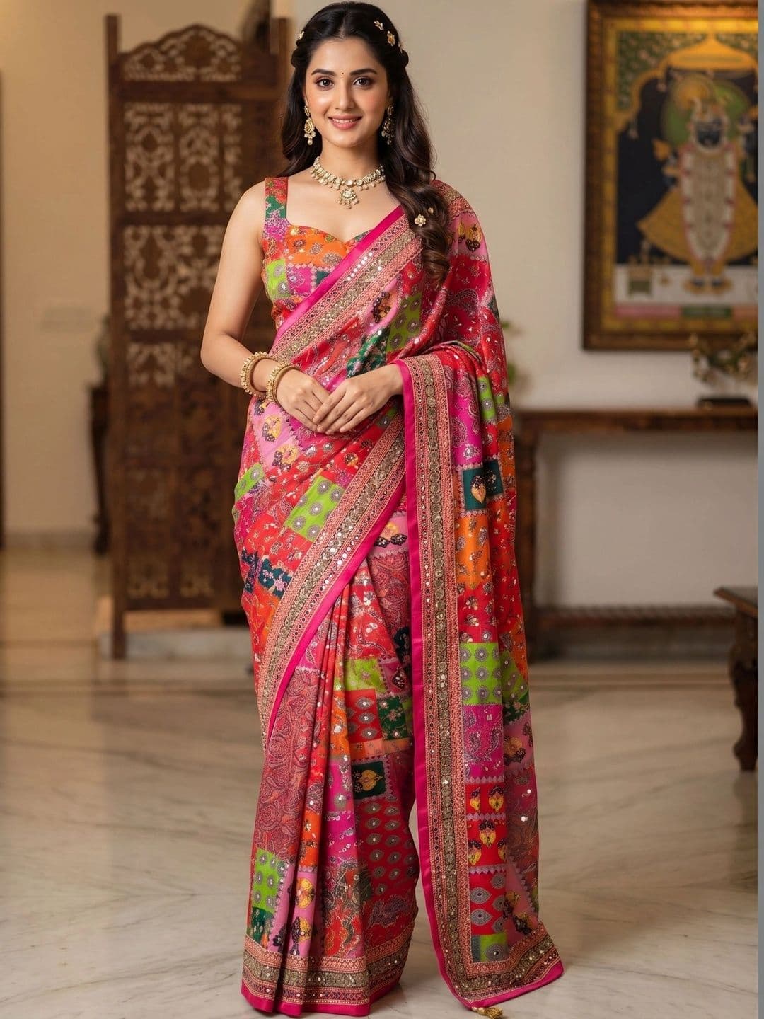 VILLE FASHION Paisley Mirror Work Art Silk Designer Saree - view 1