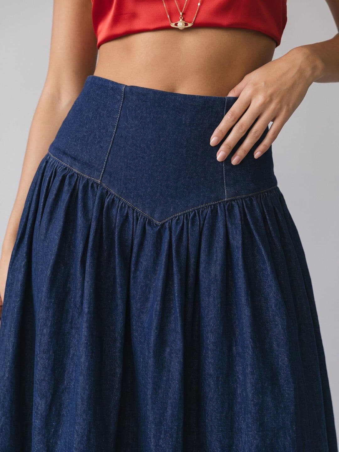 Phosphorus Navy Blue Denim Maxi A-Line Skirt thumbnail 3