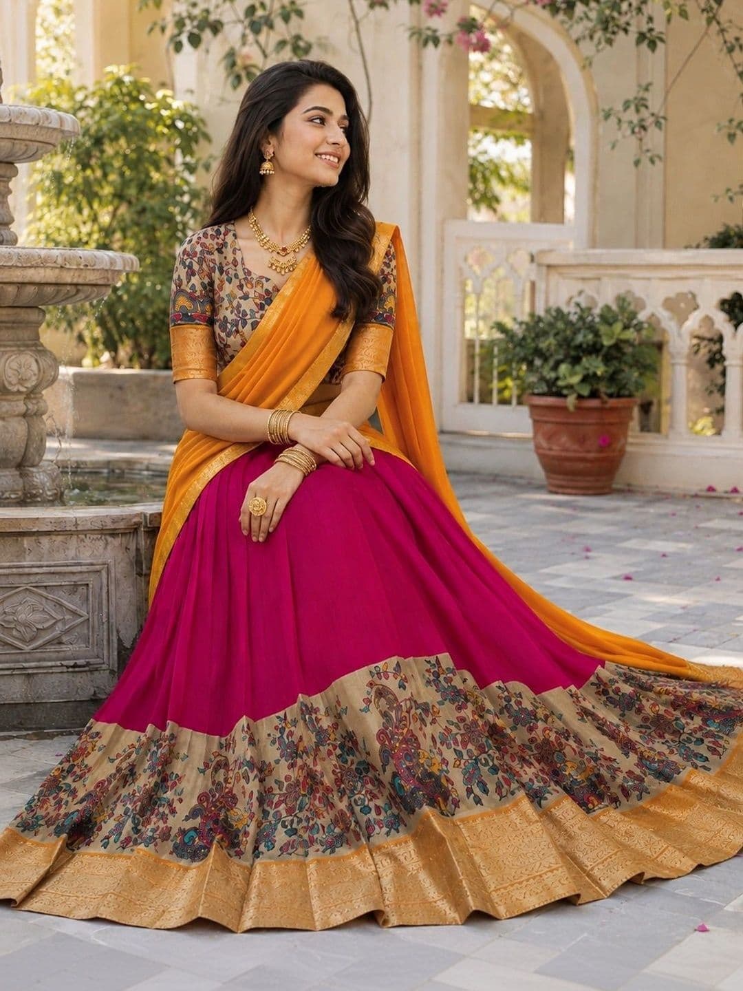 KALINI Printed Kalamkari Ready to Wear Lehenga & Unstitched Blouse With Dupatta thumbnail 2