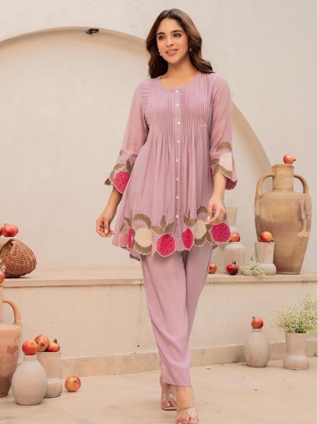 Pink World Romantic Florals Cotton Embroidered Tunic with Trousers - view 1