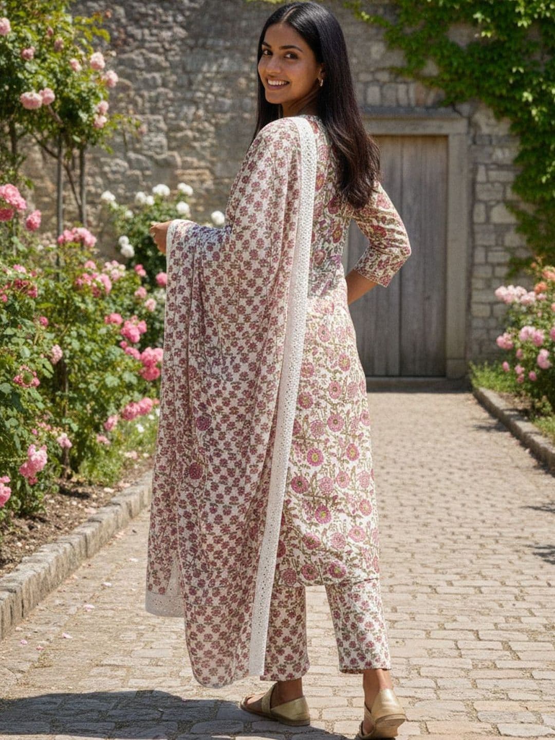 Varanga Women Floral Printed Regular Pure Cotton Kurta with Trousers & With Dupatta thumbnail 5