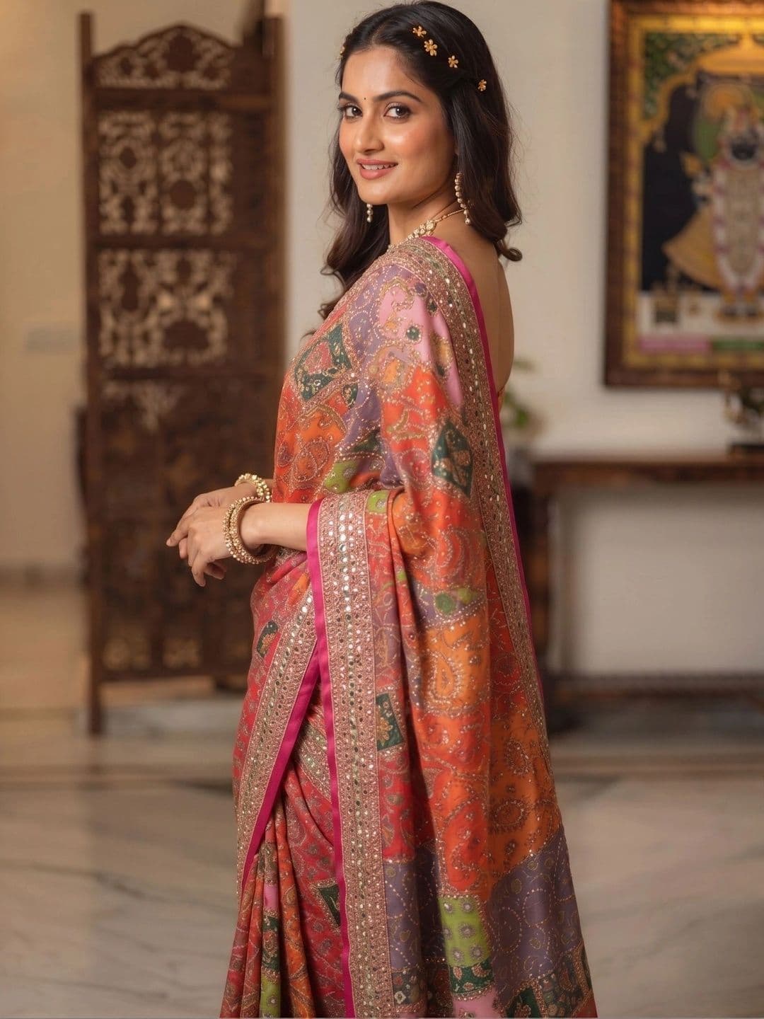 VILLE FASHION Paisley Mirror Work Art Silk Designer Saree thumbnail 4