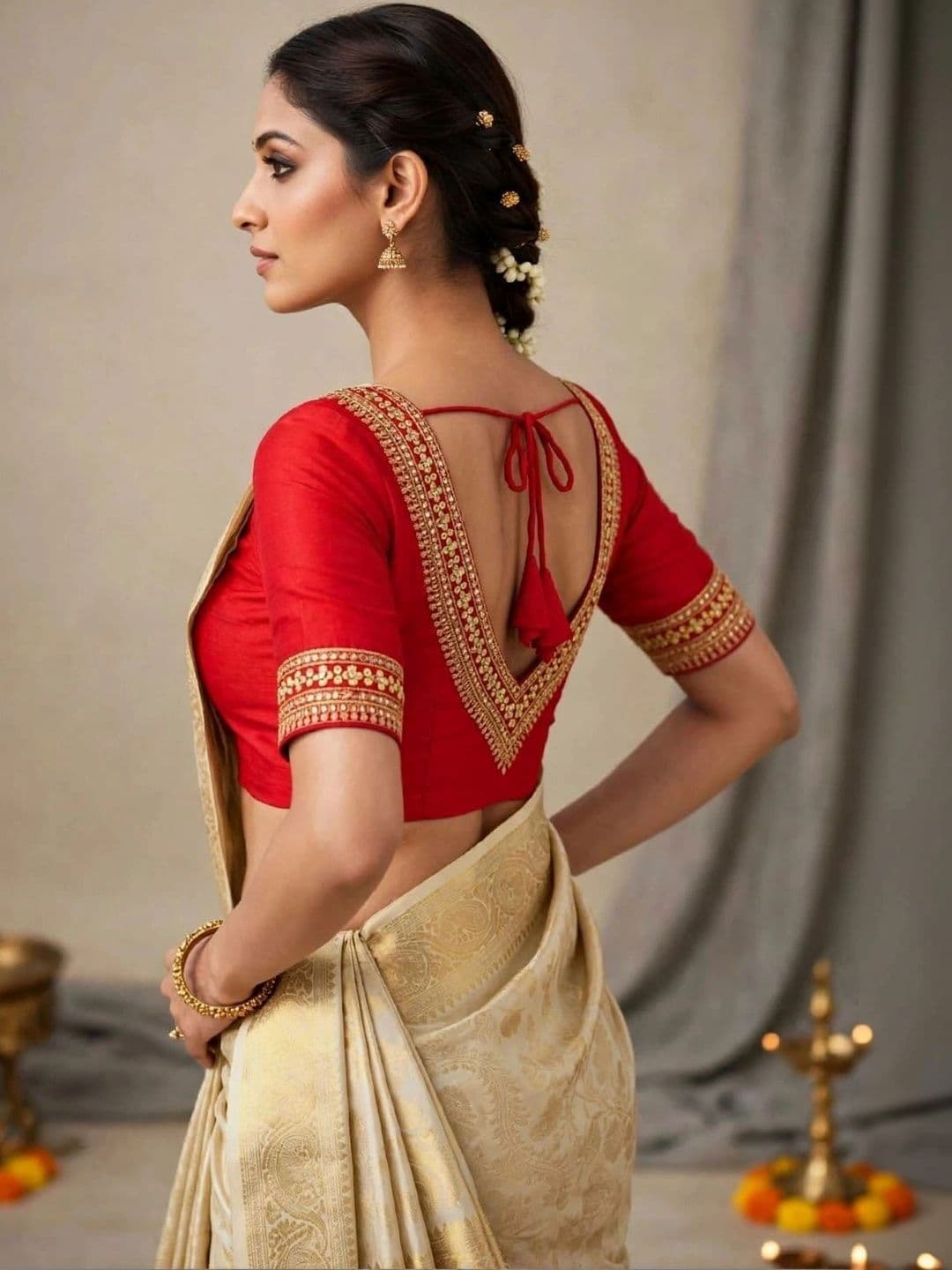 Binatex Cotton Embroidered Zari Saree Blouse thumbnail 2