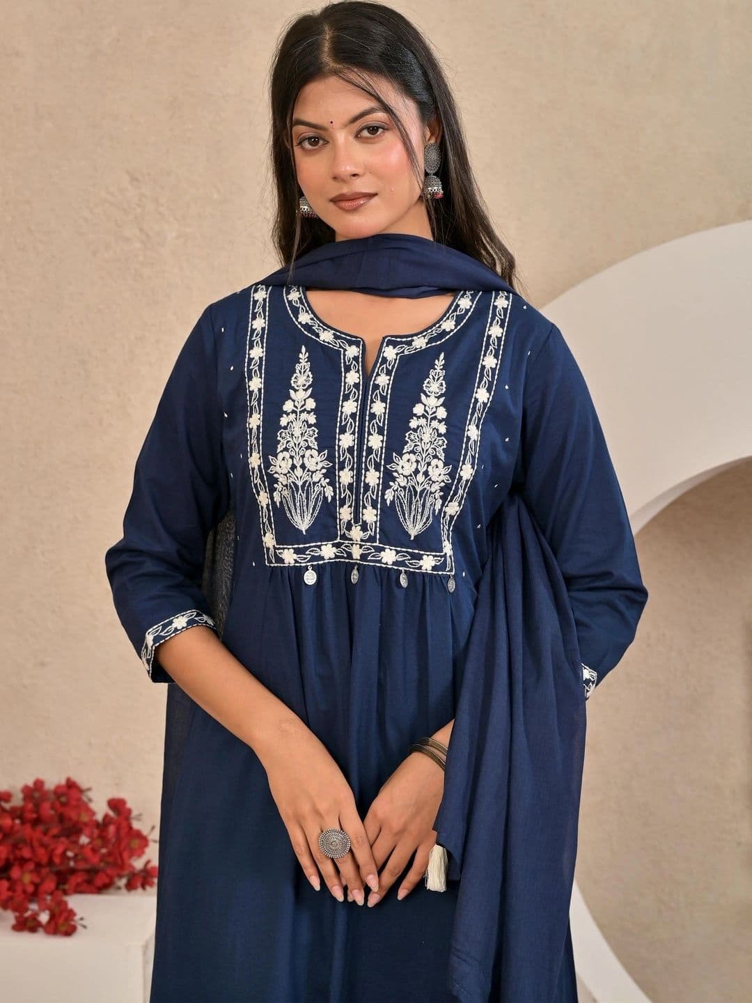 Yashee Women Ethnic Motifs Embroidered Empire Pure Cotton Kurta with Trousers & With Dupatta - view 1