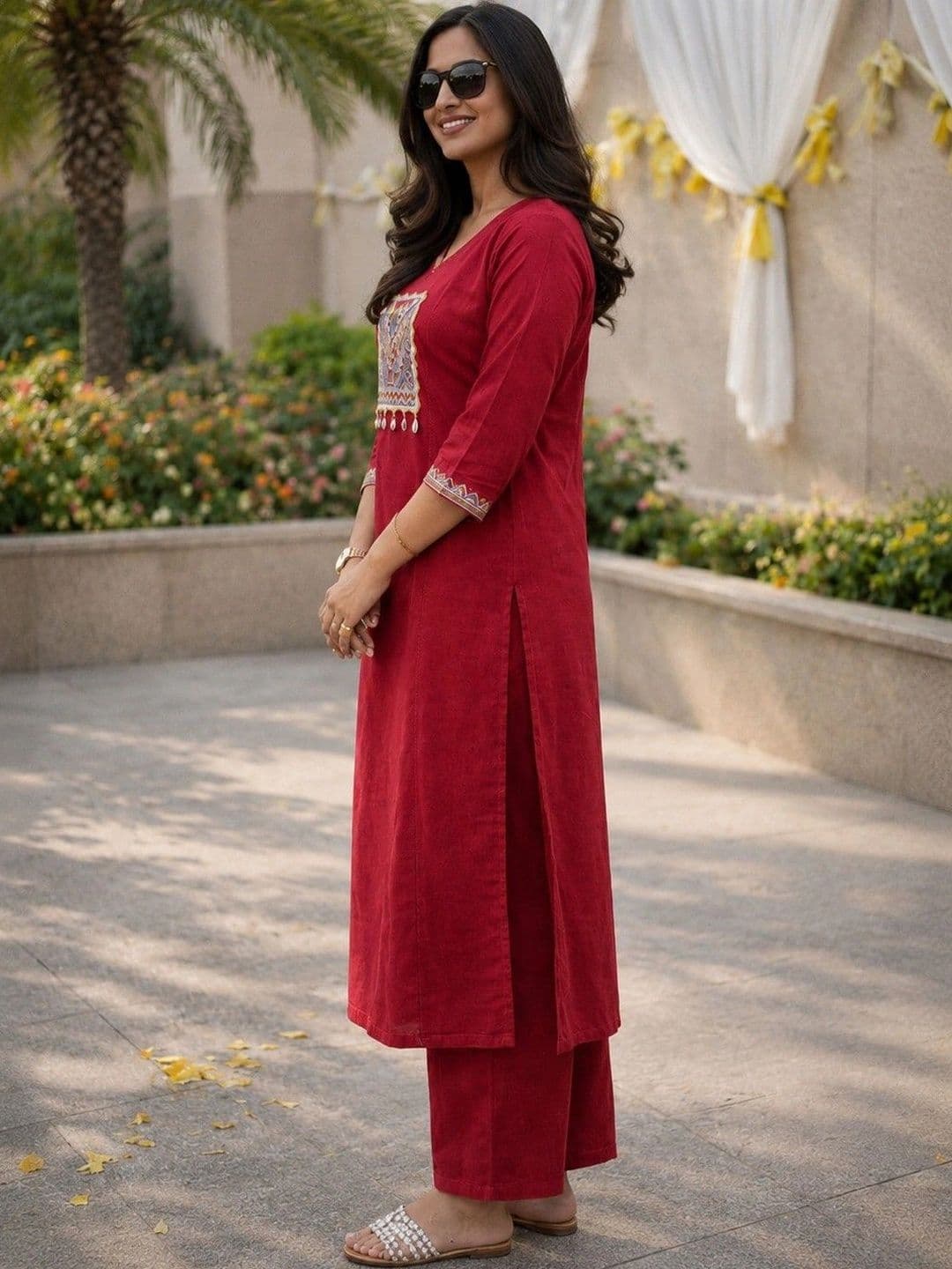 Moda Rapido Women Ethnic Motifs Embroidered Regular Thread Work Pure Cotton Kurta with Palazzos thumbnail 5