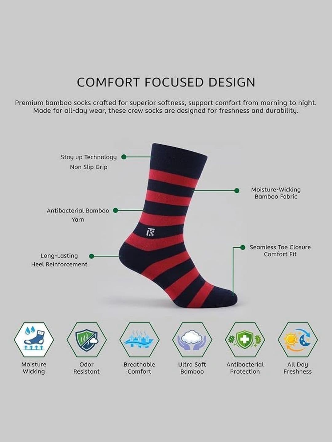 Kikitoes Men Pack of 2 Bamboo Crew Socks Striped Polka Soft Breathable thumbnail 3