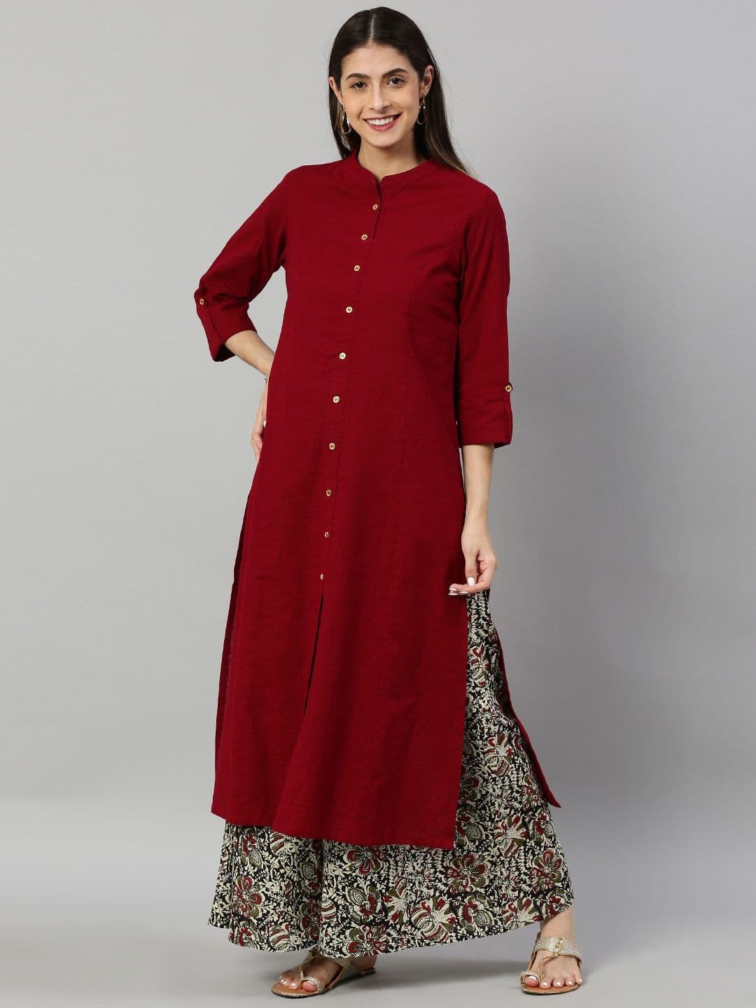 KALINI Mandarin Collar Roll-Up Sleeves Pure Cotton Straight Kurta With Printed Palazzo - view 1