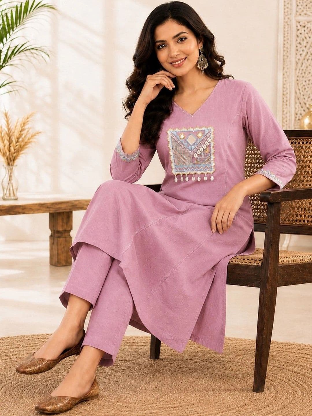 DIVASTRI Women Ethnic Motifs Embroidered Regular Mirror Work Pure Cotton Kurta with Trousers thumbnail 4