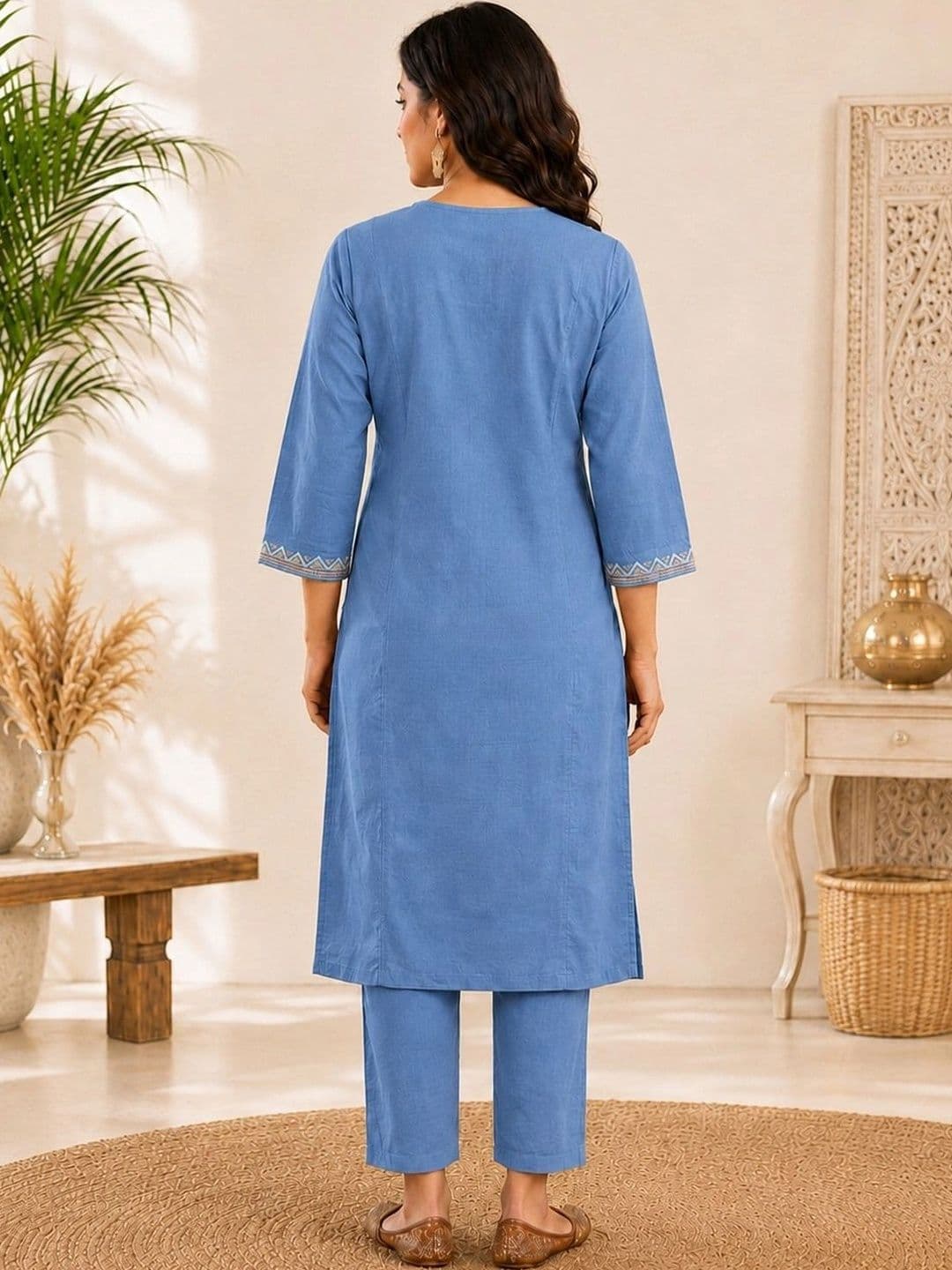 Sangria Women Ethnic Motifs Embroidered Regular Mirror Work Pure Cotton Kurta with Trousers thumbnail 3