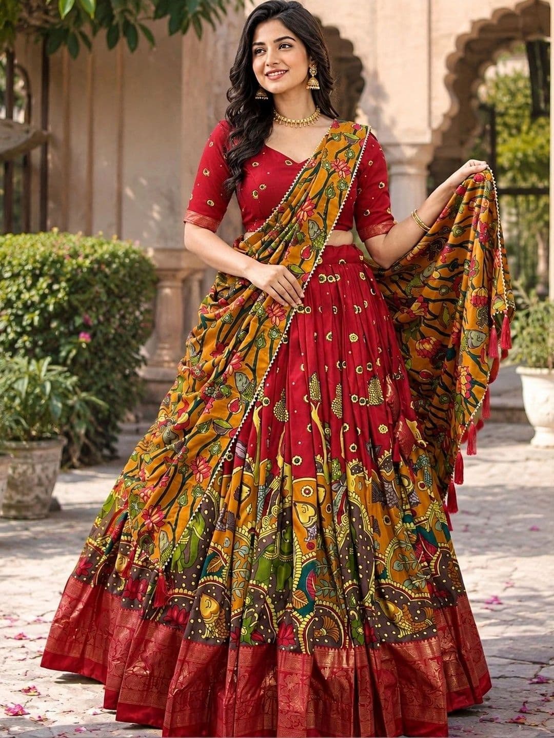 KALINI Embroidered Kalamkari Ready to Wear Lehenga & Unstitched Blouse With Dupatta thumbnail 4