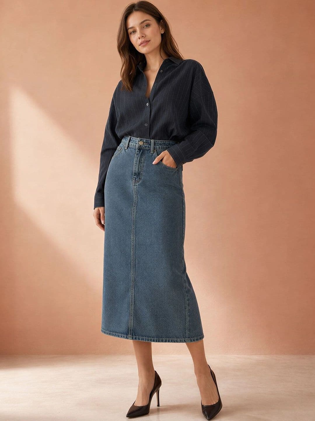 ATELIER REBEL Women Back Slit Midi Straight Skirt thumbnail 6