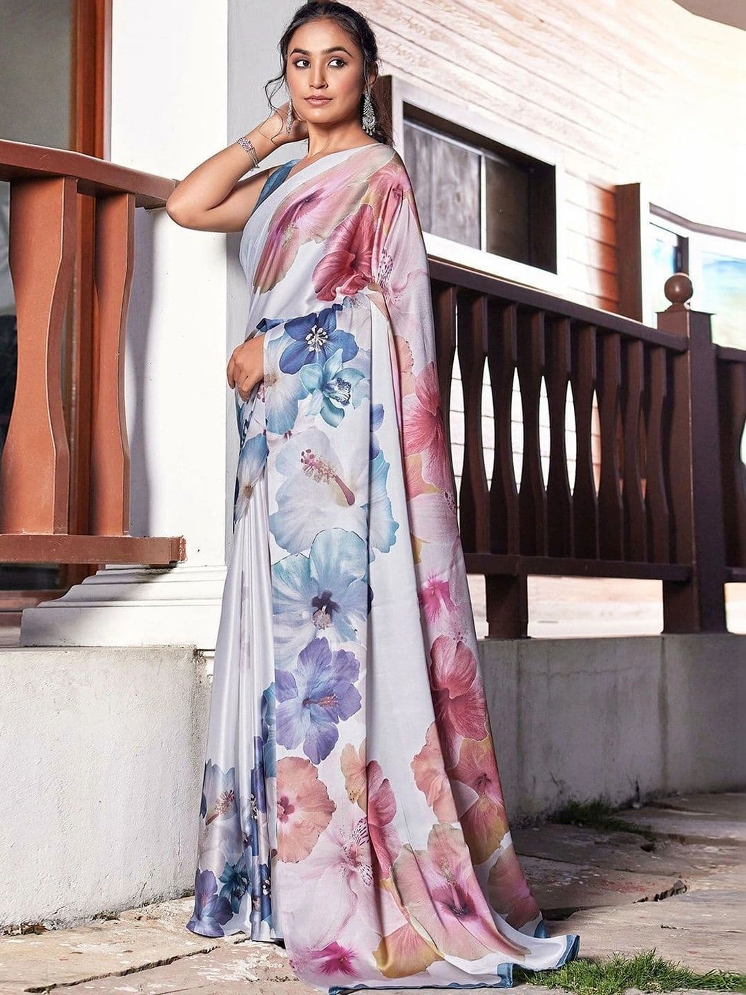 Satrani Floral Satin Designer Saree thumbnail 5